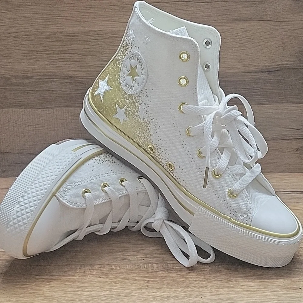 Converse White and Gold High-Top Sneakers Classic Style Size 7.5 Women